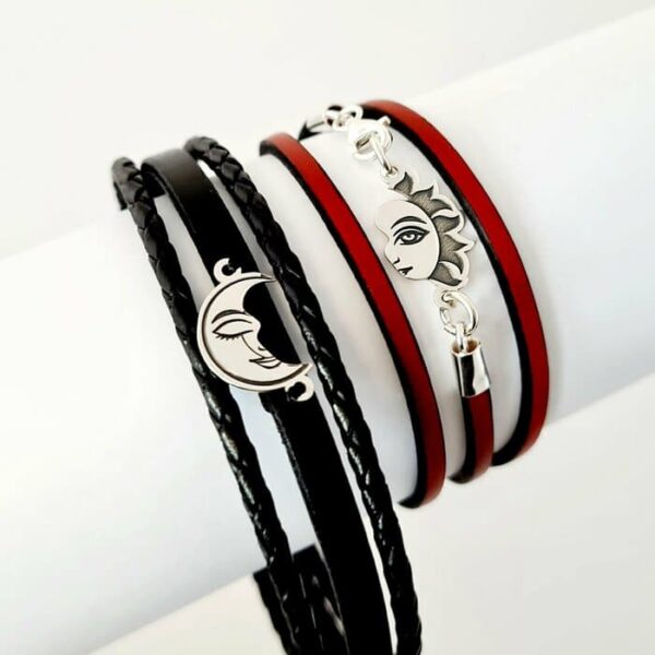 Set 2 bratari cu piele naturala rosie pentru EA si neagra pentru EL – Pandante Luna si Soare unite – Argint 925