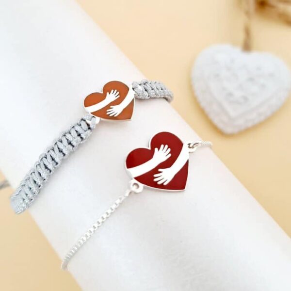 Set 2 bratari – Dor de tine – Inima colorata cu email – Argint 925 – Lantisor glisant si snur reglabil impletit