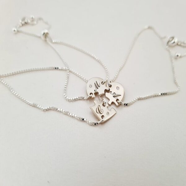 Set 3 bratari cu Diamant natural – Inima puzzle – Pandantive personalizate cu initiale – Lantisor glisant ajustabil – Argint 925