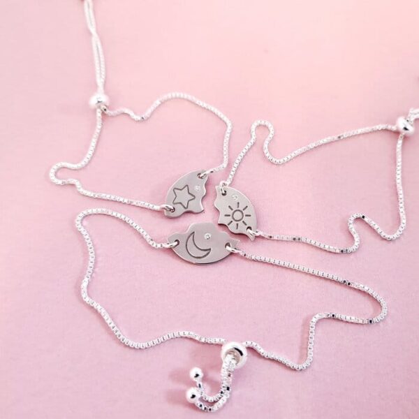 Set 3 bratari cu Diamant natural – Pandantive personalizate cu soare, luna si stea – Lantisor glisant ajustabil – Argint 925