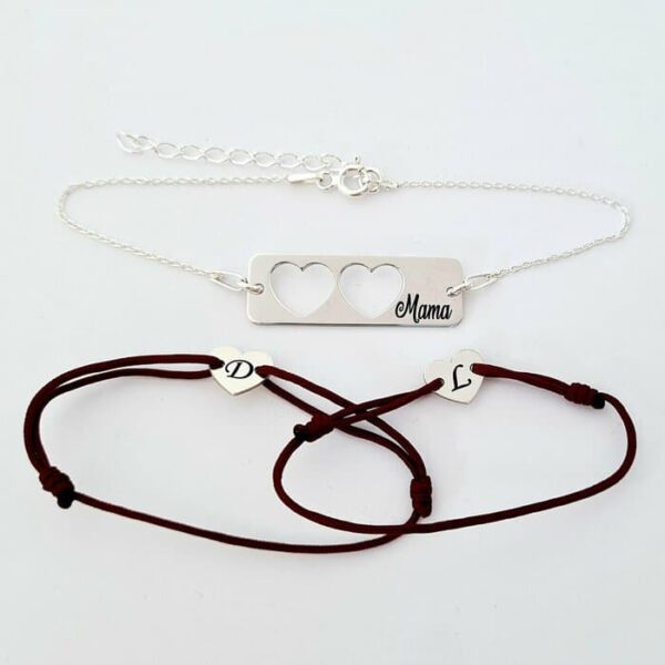 Set 3 bratari personalizate – Mama cu 2 fete – Placuta cu lantisor si 2 Inimioare decupate cu snur – Argint 925