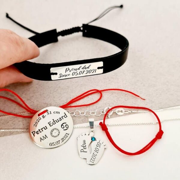 Set Cadou Botez – Banut Marturie – Lantisor cu Pandantiv Picioruse – Bratara placuta si piele – snur deochi bebe – Argint 925