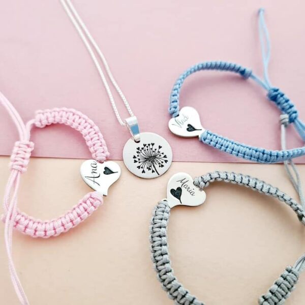 Set papadie – Lantisor cu pandantiv banut – 3 bratari inima personalizate cu nume – Bratari snur impletit – Argint 925