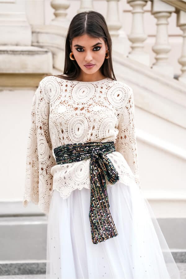 Bluza Anastasia ivory tricotata cu maneci evazate