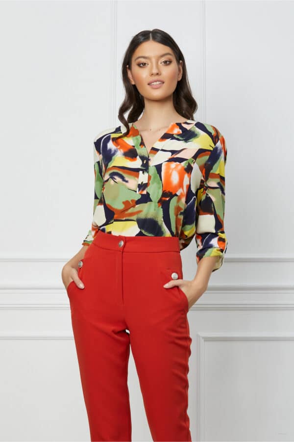 Bluza Caterina cu imprimeri verzi si orange si maneci prinse cu nasturi