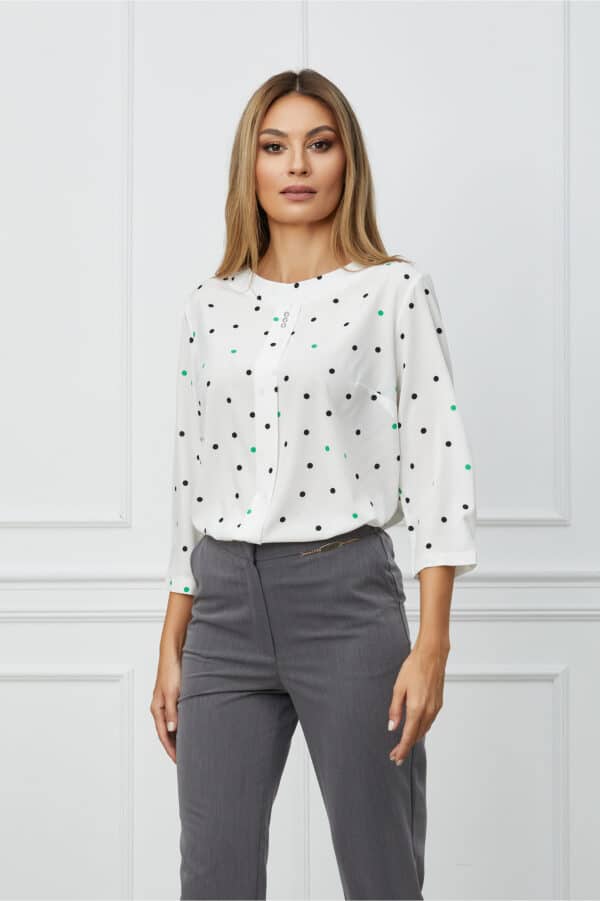 Bluza Daria alba cu buline verzi si maneci lungi