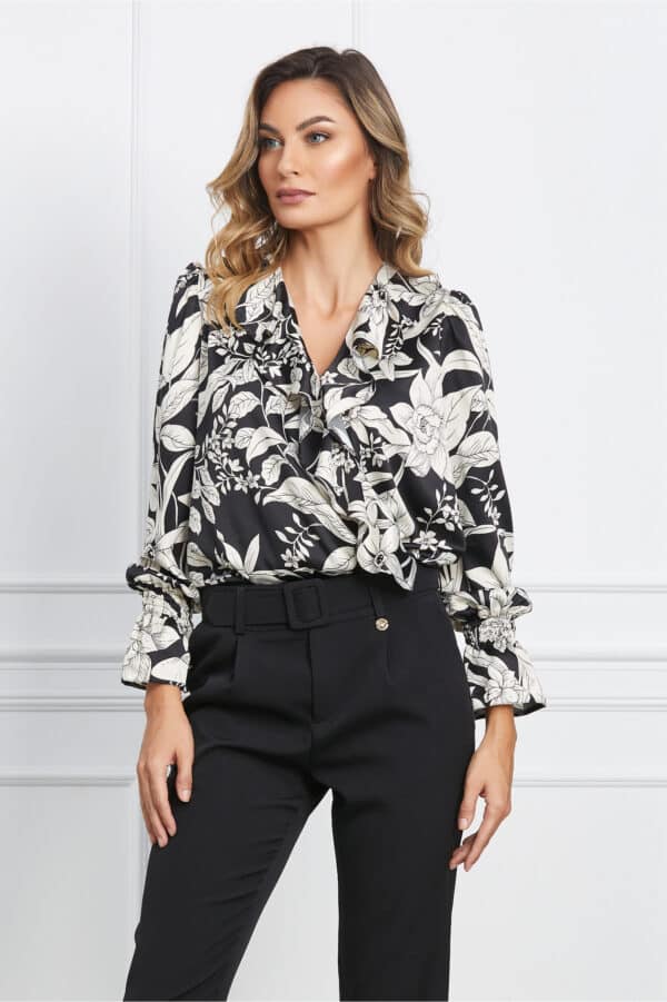 Bluza Dy Fashion din satin neagra cu flori alba si volan pe bust
