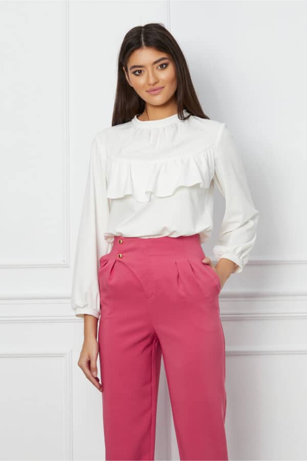 Bluza Moze alba cu volan pe bust