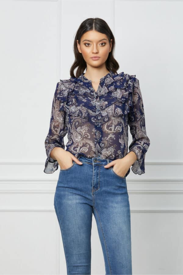 Camasa Anemona bleumarin cu imprimeuri bej si volane