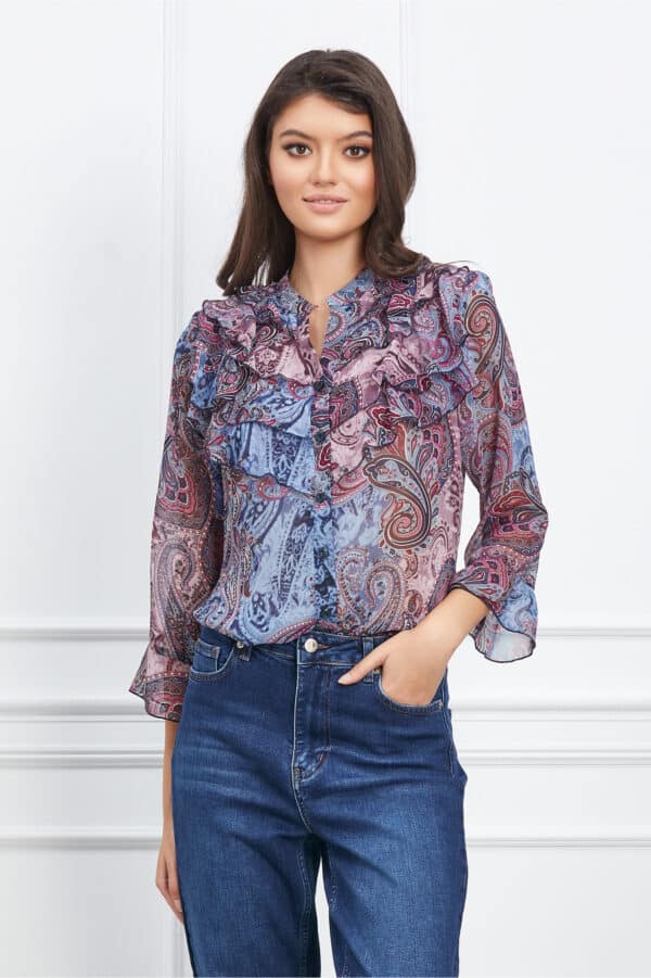 Camasa Anemona roz cu imprimeuri bleu si volane
