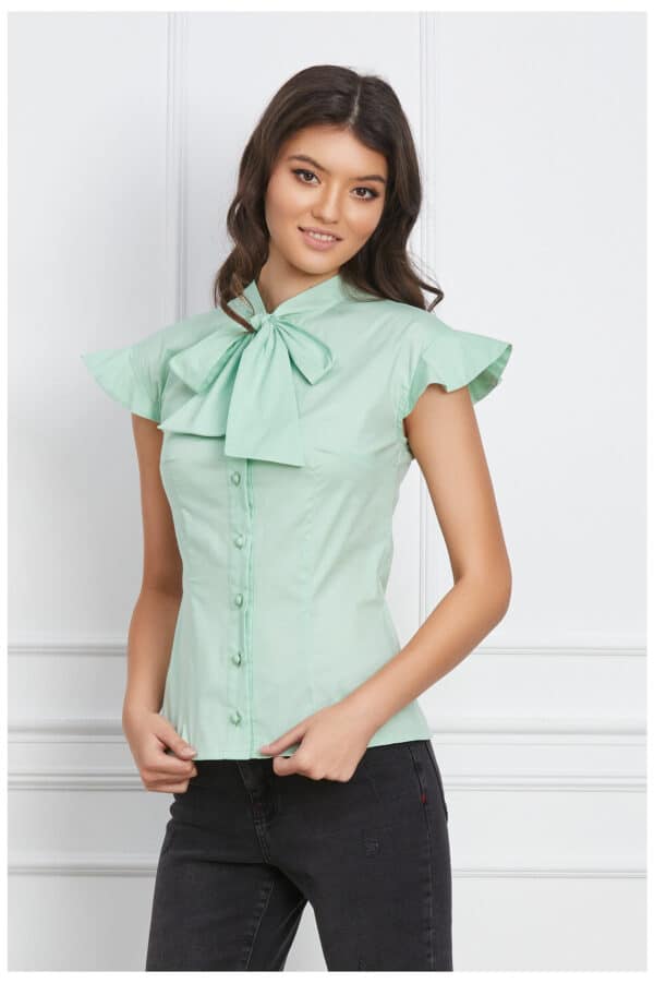 Camasa Dy Fashion verde mint cu funda la bust si volanase la maneci