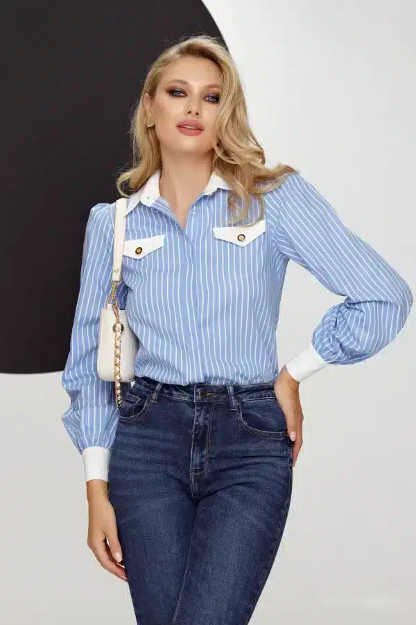 Camasa in dungi office Fofy din bumbac cu guler si mansete albe