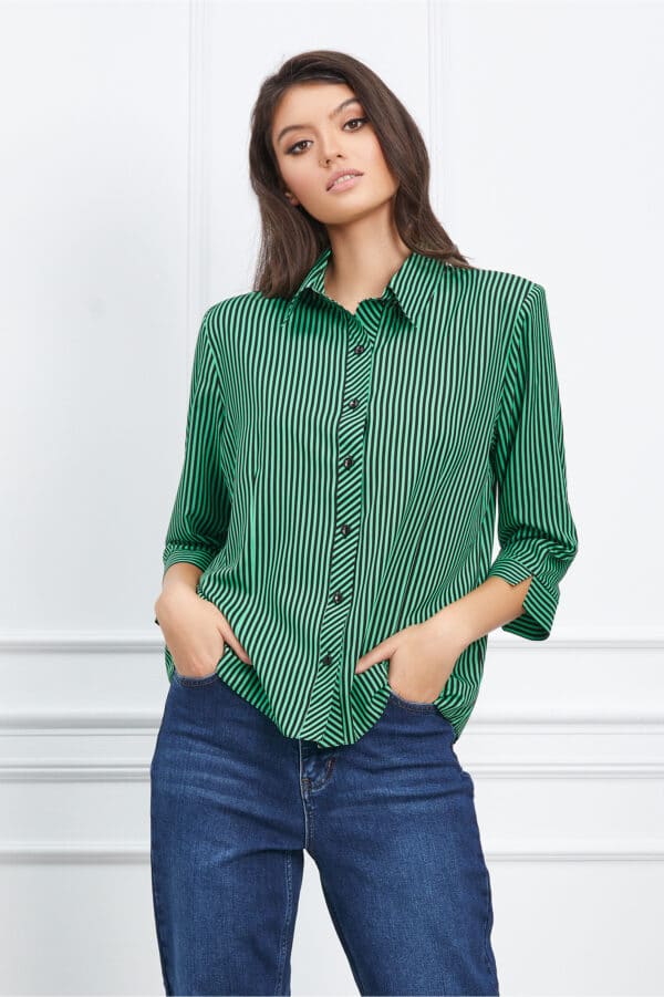 Camasa Simina verde cu dungi negre si maneci trei sferturi