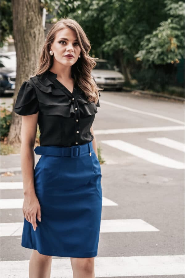 Fusta Dy Fashion albastra cu buzunare si curea in talie