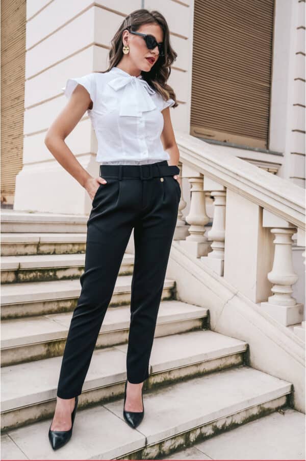 Pantaloni Dy Fashion negri cu pliuri si curea in talie