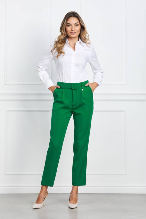 Pantaloni Dy Fashion verzi cu pliuri si curea in talie