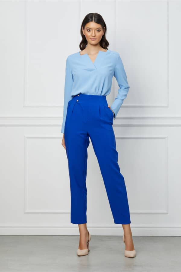 Pantaloni LaDonna albastru royal cu pliuri in talie