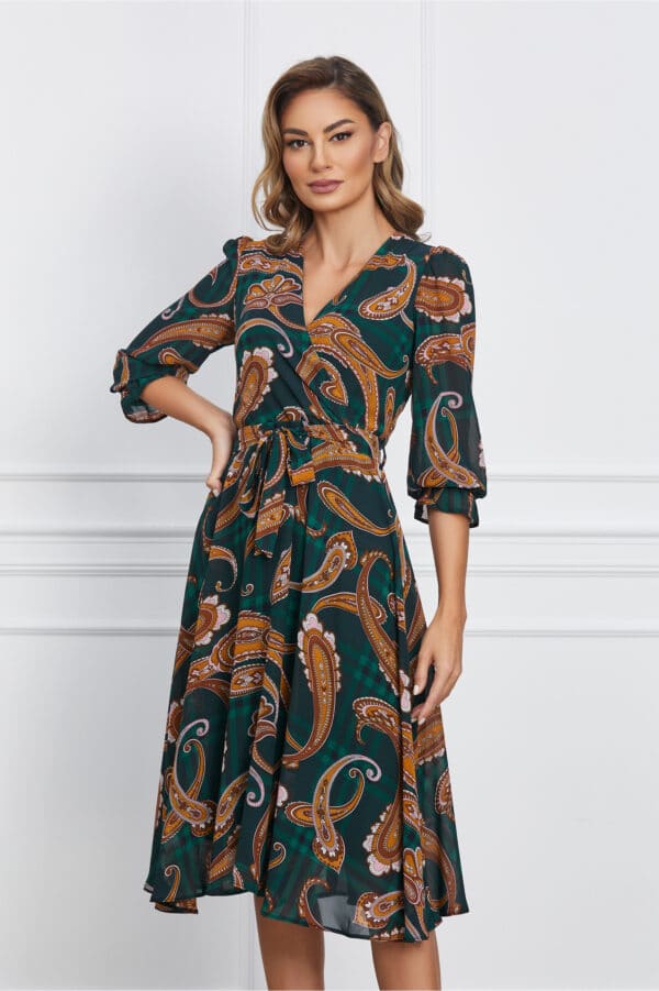 Rochie Alexandra verde cu imprimeuri galbene si cordon in talie