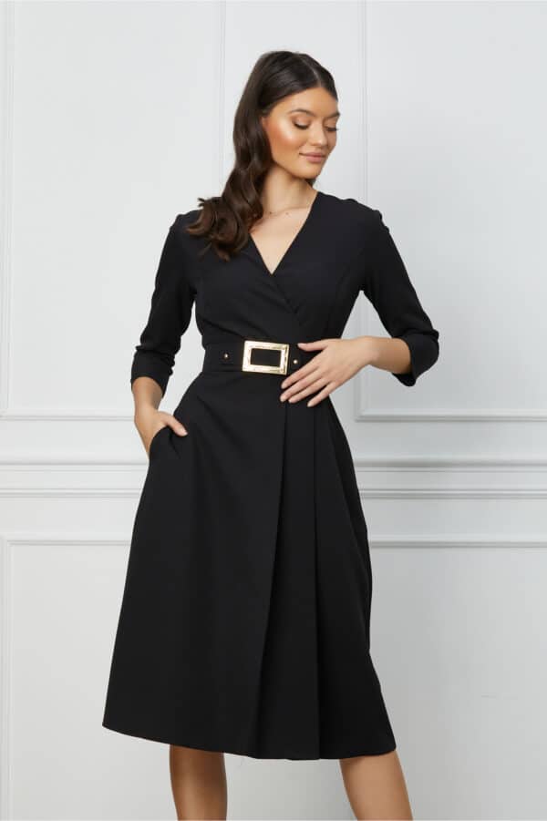 Rochie Amalia neagra cu pliuri pe fusta si curea in talie