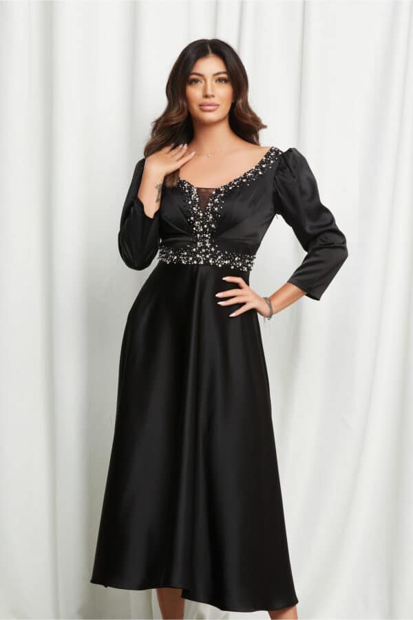 Rochie Anisia neagra cu strasuri pe bust si talie