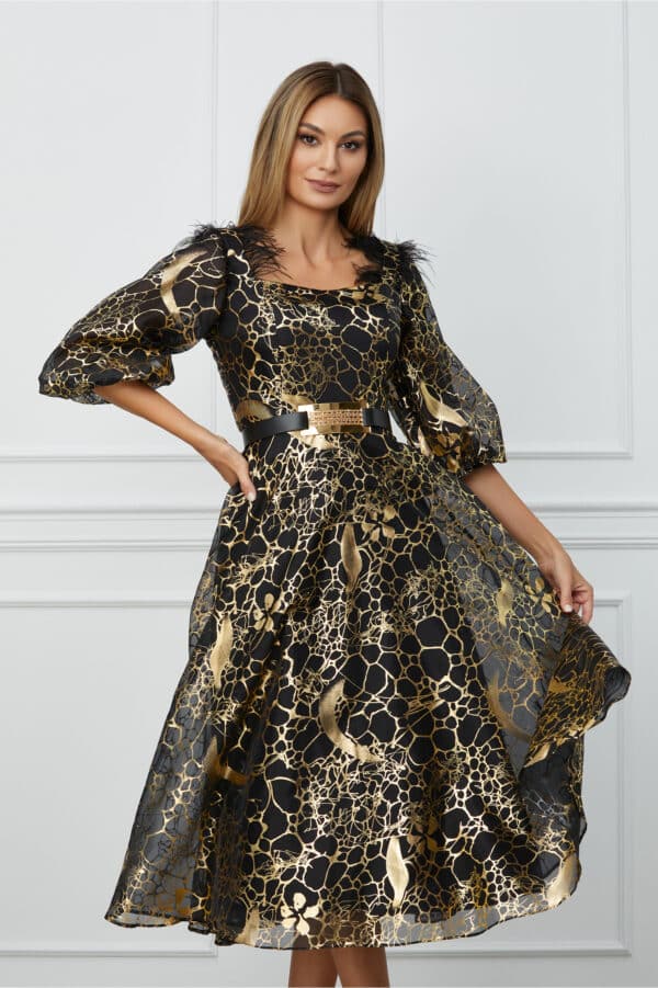 Rochie Beatrice neagra cu imprimeuri aurii si curea in talie