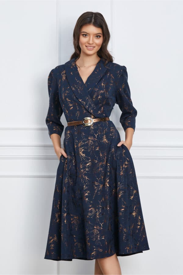 Rochie Carolina bleumarin cu auriu si curea in talie