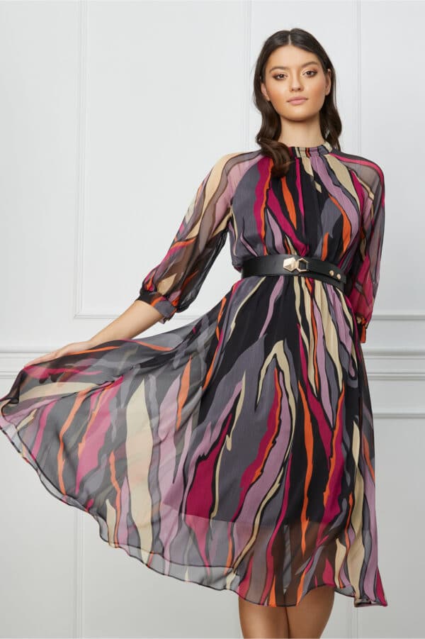 Rochie Cezara neagra cu imprimeu fucsia-orange si curea in talie