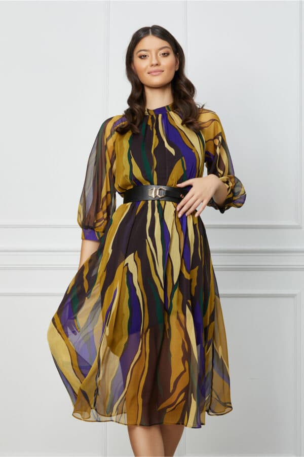 Rochie Cezara neagra cu imprimeu kaki-albastru si curea in talie