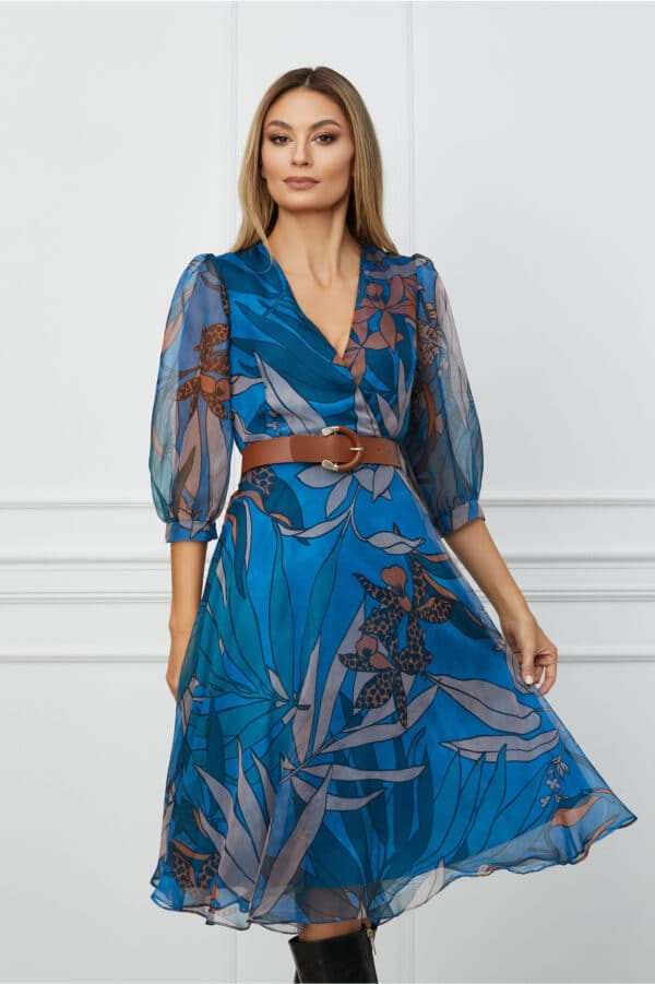 Rochie Christina albastra cu imprimeuri maro si curea in talie