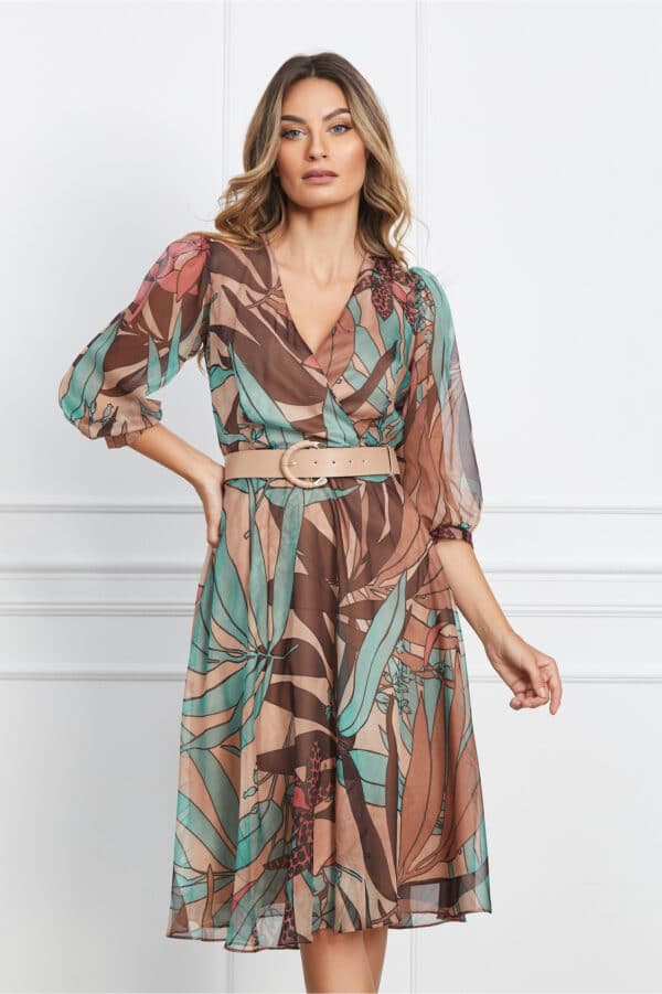 Rochie Christina bej cu imprimeu verde mint si curea in talie