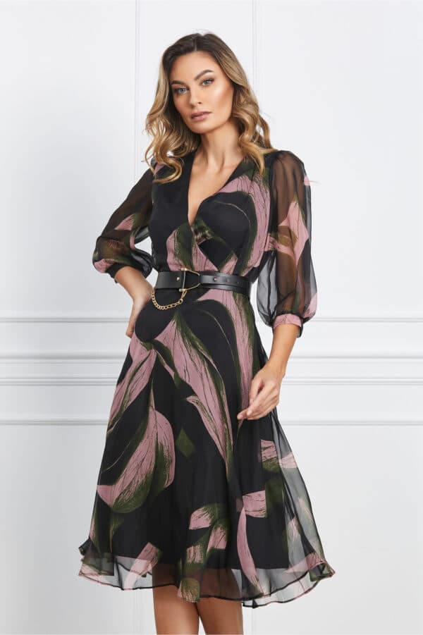 Rochie Christina neagra cu imprimeuri roz si curea in talie