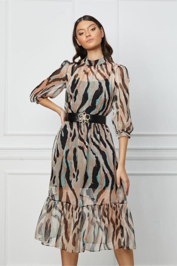 Rochie Daniela bej cu zebra print verde mint si curea in talie
