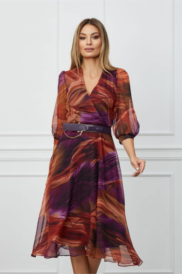 Rochie Daniela orange cu imprimeuri mov si curea in talie
