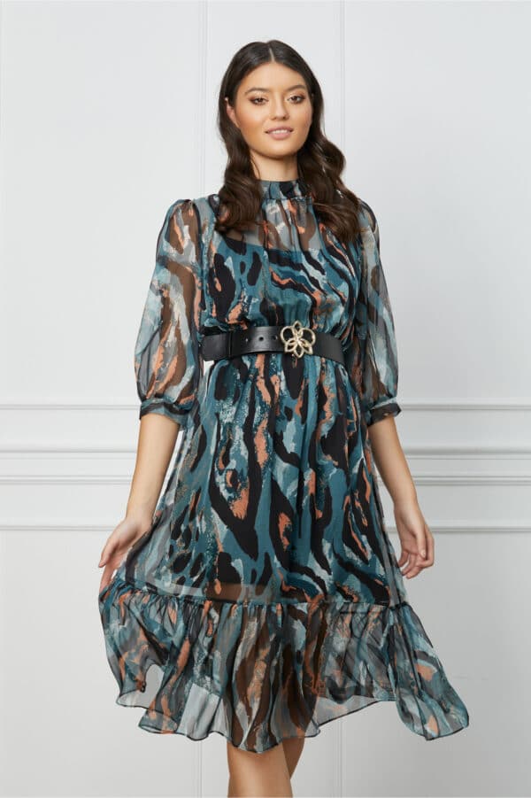 Rochie Daniela turcoaz cu zebra print caramiziu si curea in talie