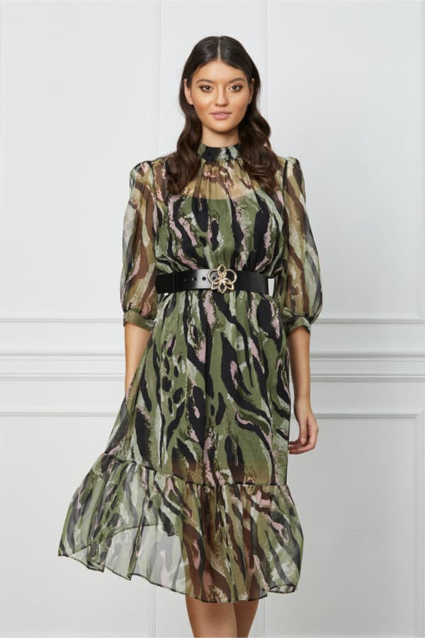 Rochie Daniela verde cu zebra print roz si curea in talie