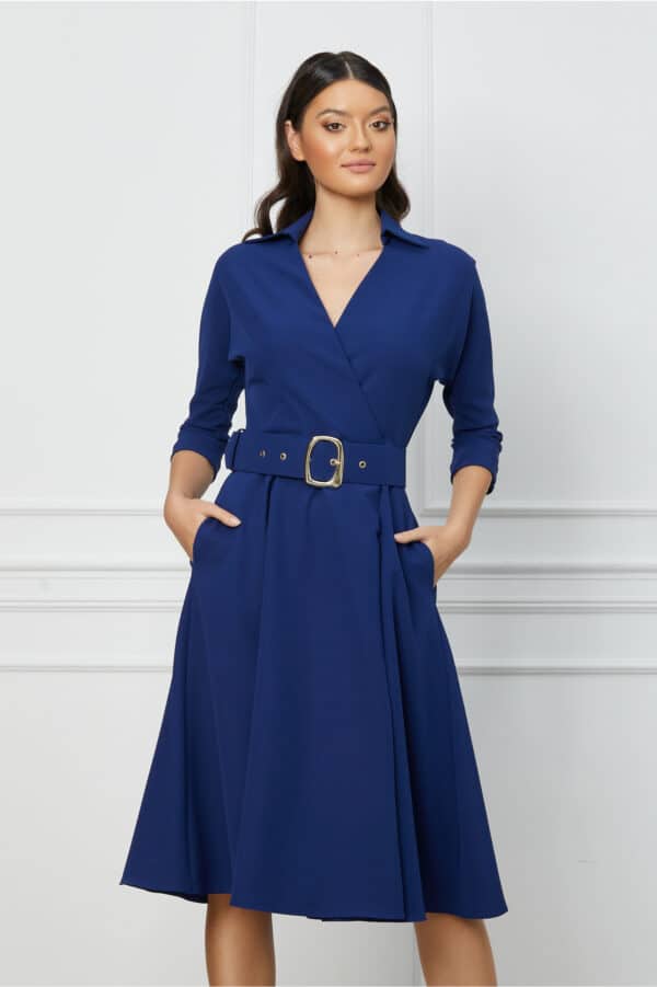 Rochie Daria bleumarin cu pliu pe fusta si curea in talie