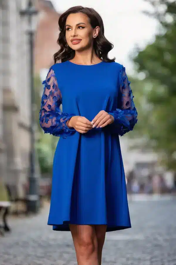 Rochie de ocazie lejera albastru royal cu flori 3D
