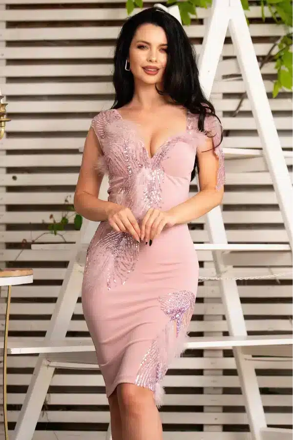 Rochie de ocazie Rahela rose cu aplicatii din paiete si fulgi