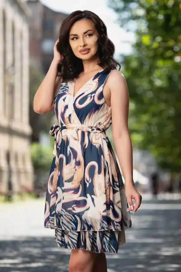 Rochie de zi in clos din voal cu imprimeu bleumarin