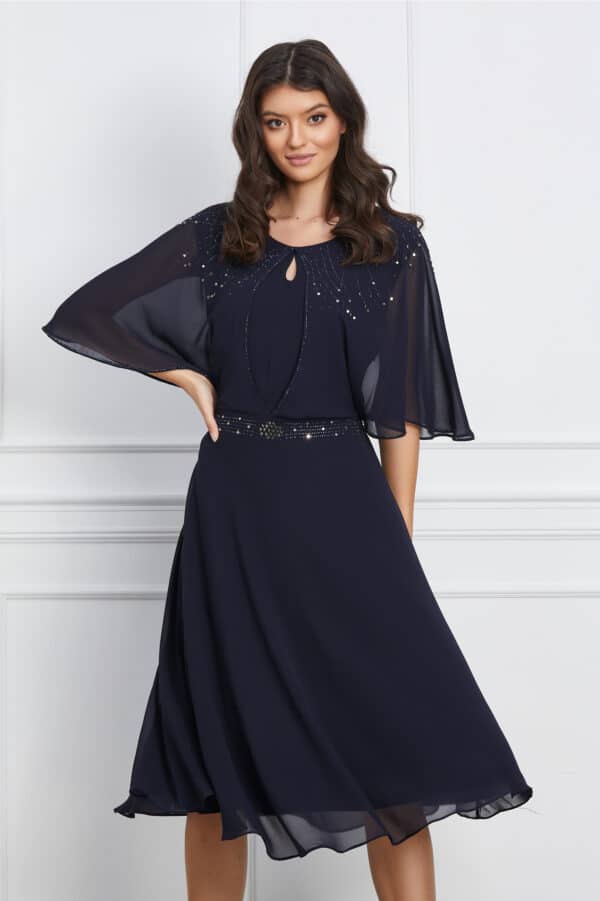 Rochie Delia bleumarin din voal cu strasuri