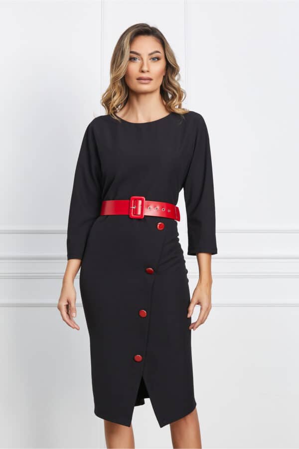 Rochie Doina neagra cu nasturi pe fusta si curea in talie