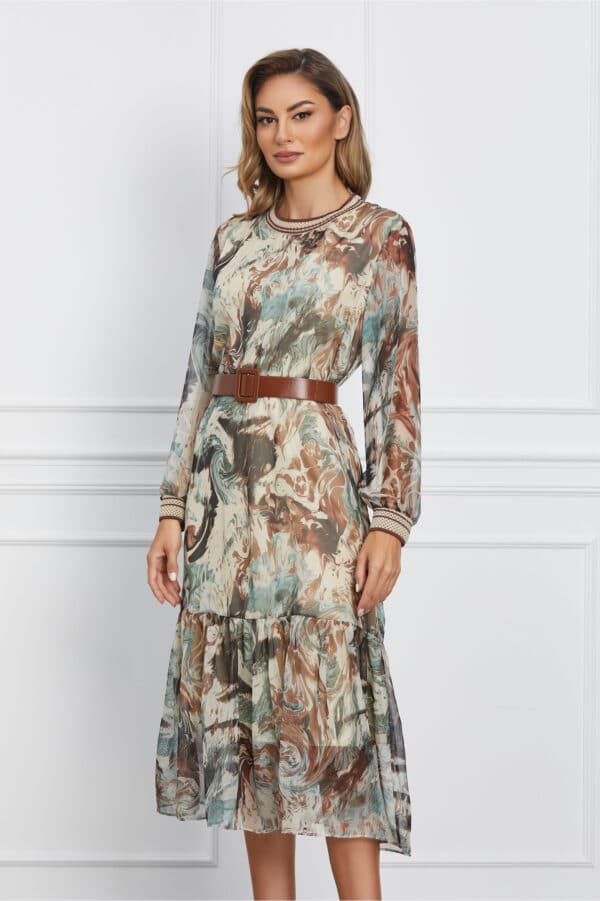 Rochie Dora bej cu imprimeuri verde mint si curea in talie