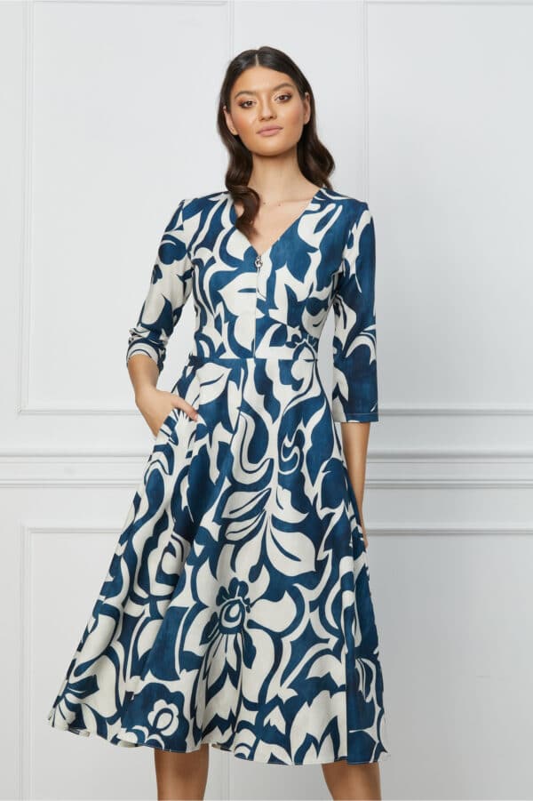 Rochie Dora bleumarin cu imprimeuri ivory