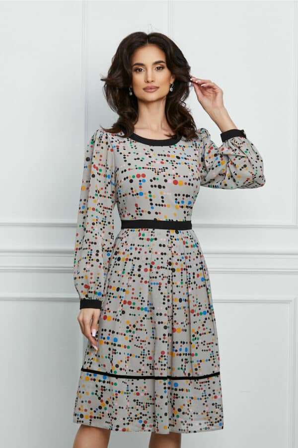 Rochie Dorina gri cu buline colorate si pliuri pe fusta