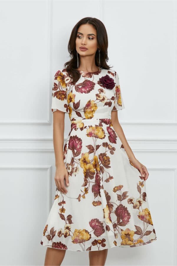 Rochie Dy Fashion alba cu imprimeu bordo si floare 3D