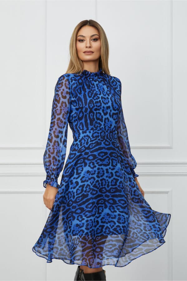 Rochie Dy Fashion albastra cu animal print si guler incretit