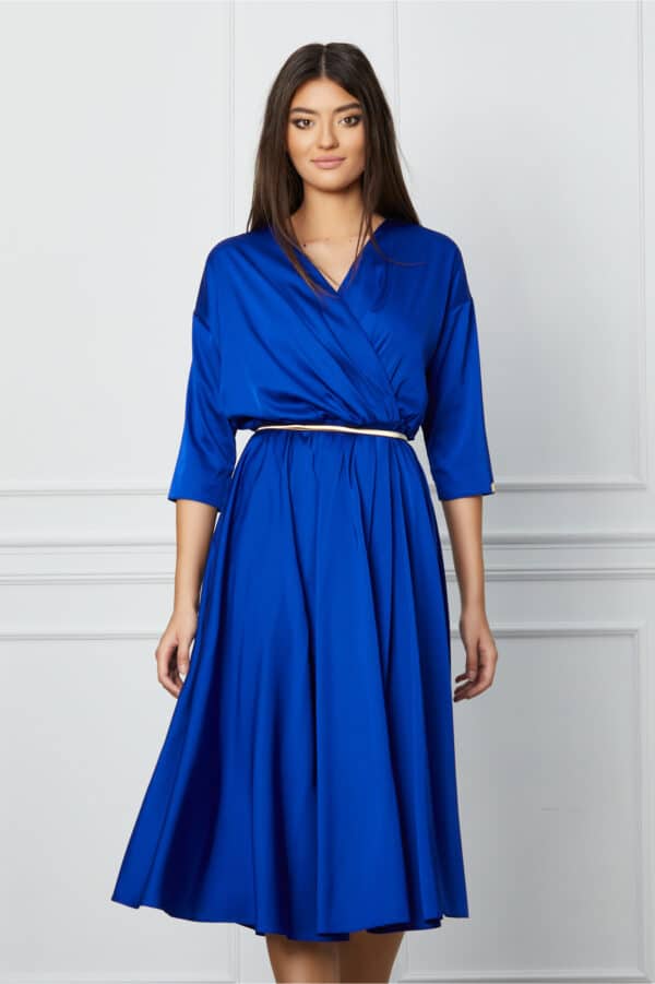 Rochie Dy Fashion albastra din satin cu elastic si curea in talie
