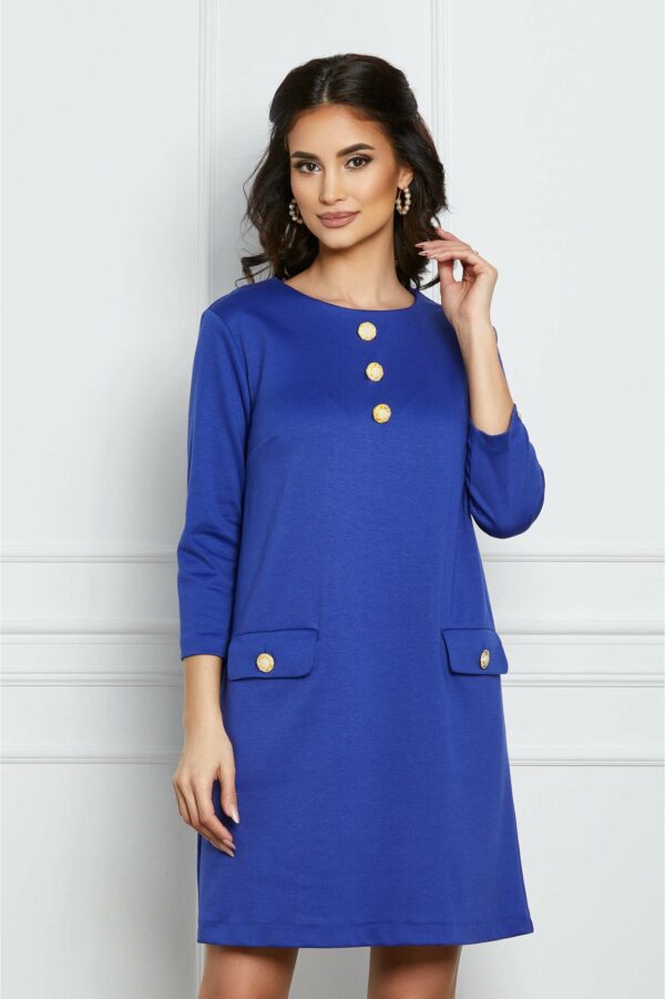Rochie Dy Fashion albastra tip A cu buzunare si nasturi decorativi