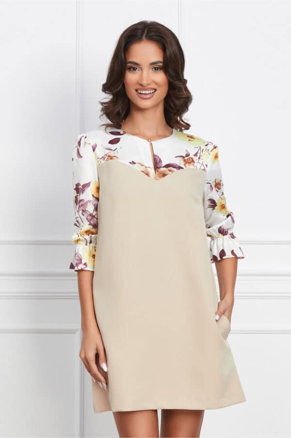 Rochie Dy Fashion bej cu maneci din satin cu imprimeu