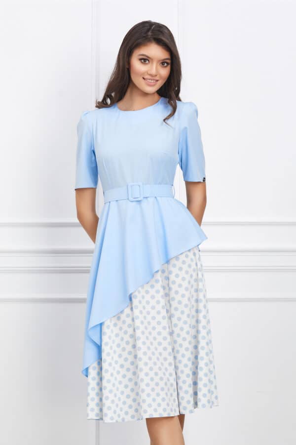 Rochie Dy Fashion bleu cu buline pe fusta si curea in talie